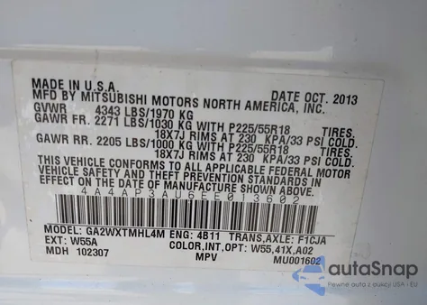 2014 Mitsubishi Outlander Sport Es z USA, uszkodzony, nr VIN 4A4AP3AU6EE013602